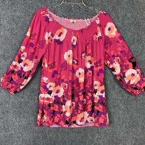 Madison Petites Women P M Pullover Pink Floral Top Wide Stretch Neckline